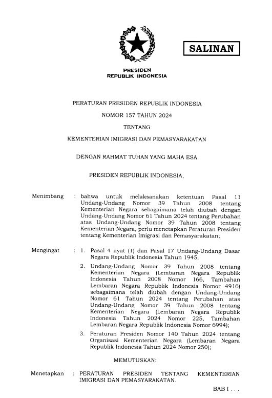 Peraturan Presiden Nomor 157 Tahun 2024 tentang Kementerian Imigrasi dan Pemasyarakatan